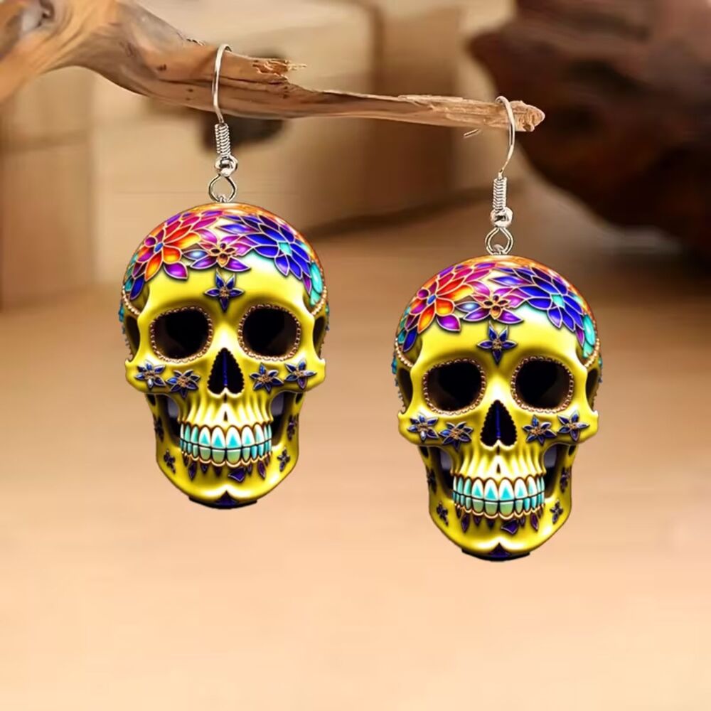 Sugar Skull Drop Earrings Colorful Floral Acrylic Dangle Pendant Halloween Light